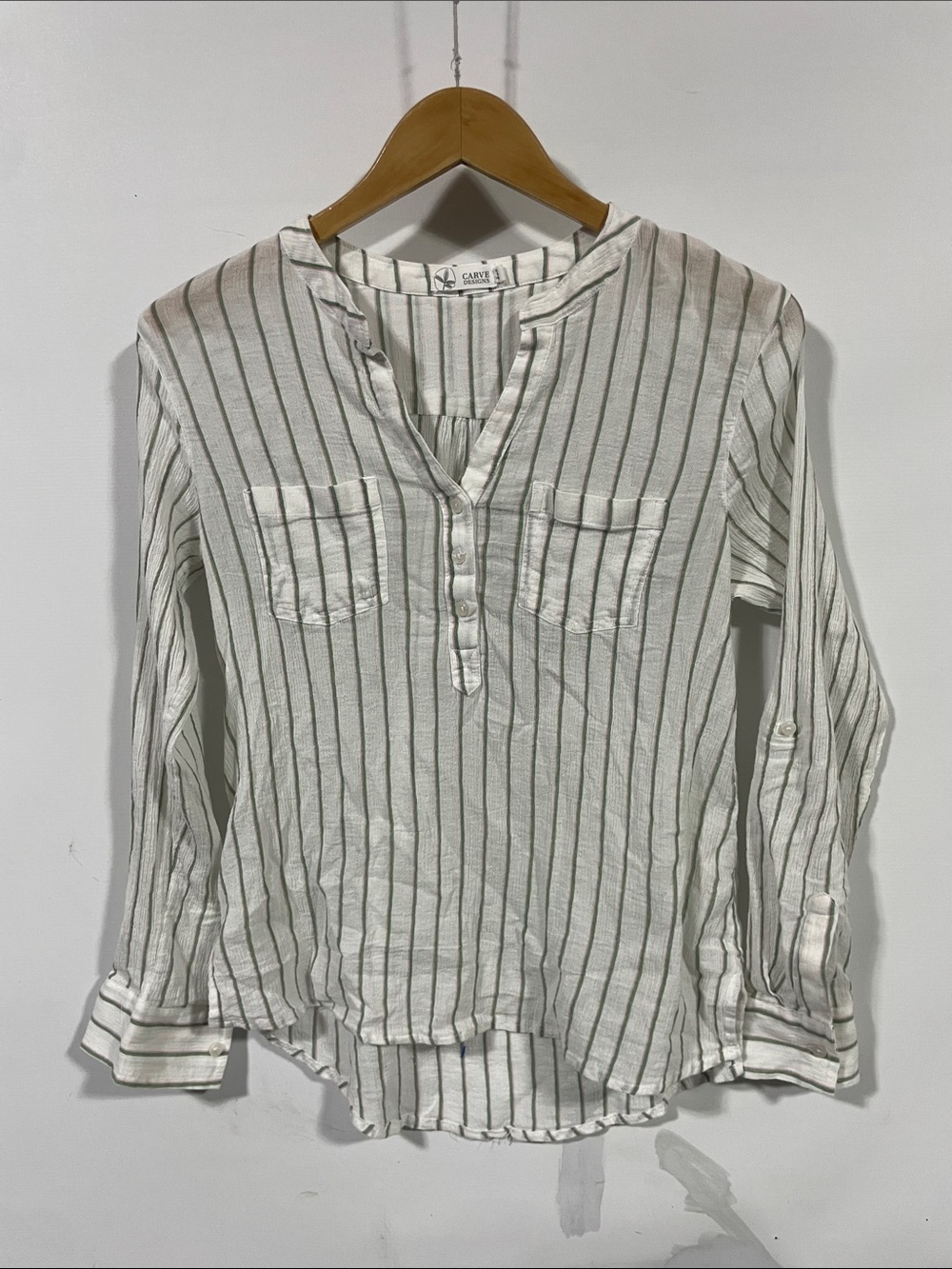 Carve Designs White Blouse with Pink and Green Stripes